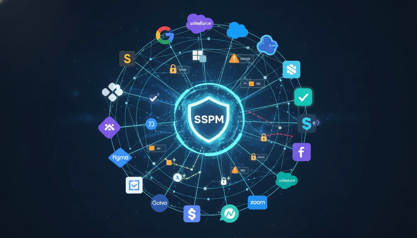 Dynamic digital illustration depicting a complex, interconnected web of various popular SaaS application logos (e.g., Google Workspace, Slack, Salesforce, Figma, Canva), with lines representing data flows and integrations. Some connections appear vulnerable or unmonitored, while a central, glowing 'SSPM' (SaaS Security Posture Management) shield or dashboard actively monitors, secures, and highlights potentially risky SaaS-to-SaaS integrations and configuration drift. Modern, clean digital aesthetic.