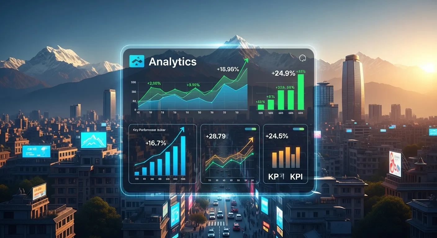 A vibrant digital analytics dashboard displaying upward-trending graphs and metrics, illuminating a thriving modern cityscape in Nepal against a backdrop of majestic Himalayan peaks, symbolizing data-driven business success.