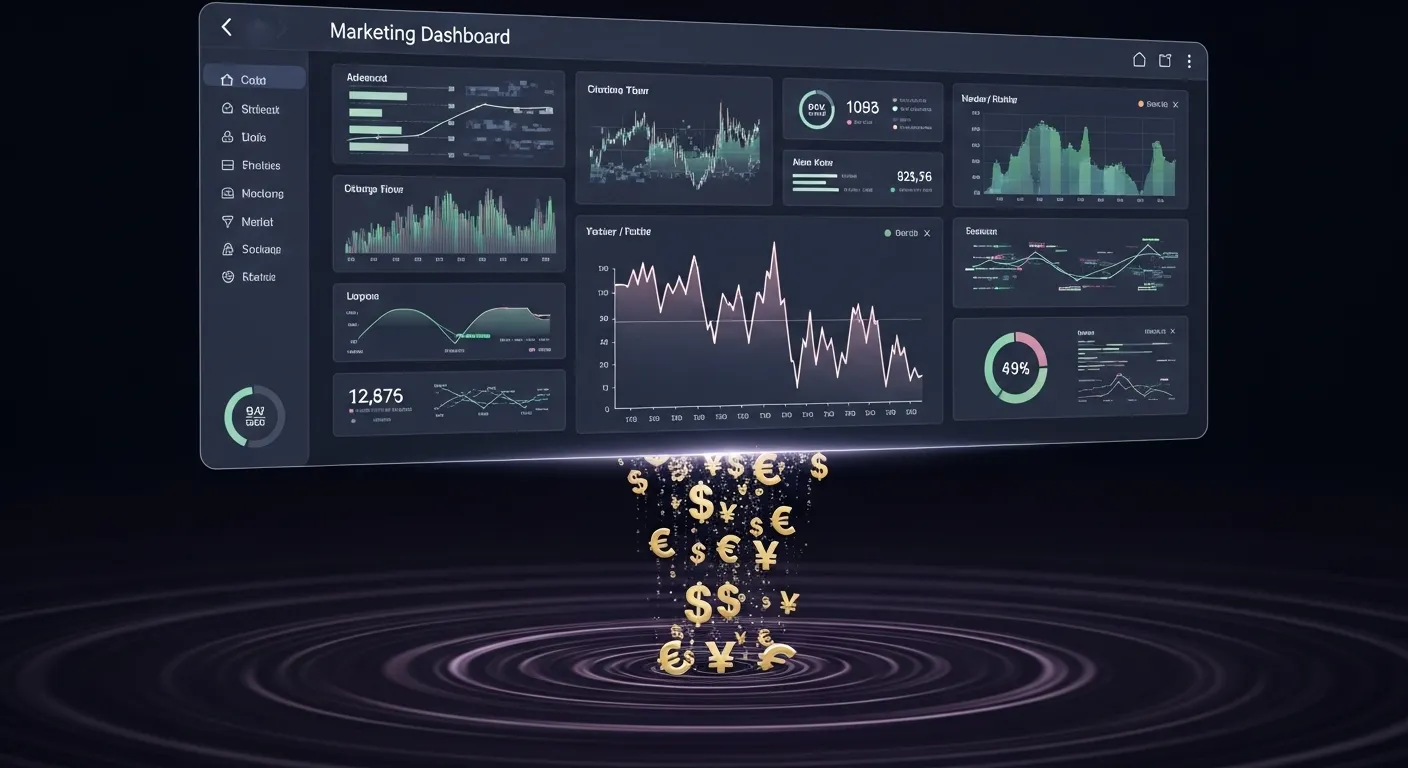 A corrupted digital marketing dashboard displaying distorted data, with a subtle stream of money symbols visibly draining away into a dark void below, symbolizing hidden costs and wasted resources.