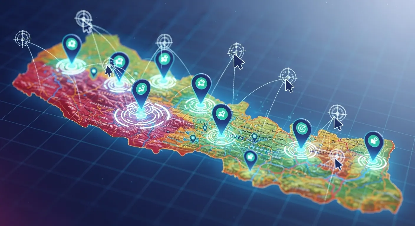 A futuristic digital compass radiating vibrant analytics charts and data, poised over a stylized map of Nepal, guiding businesses towards growth and illuminated success.