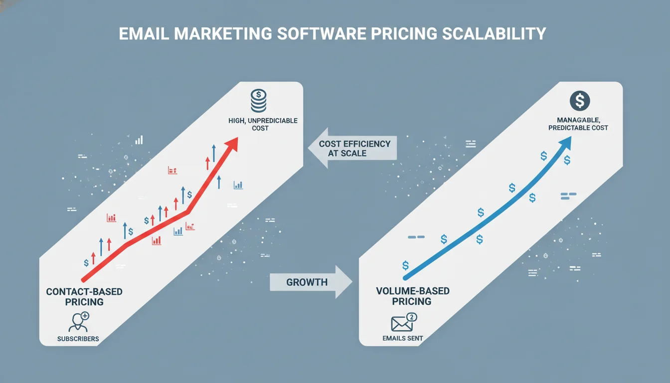 An infographic-style image illustrating the concept of email marketing software pricing scalability. Show two divergent graphs or visual metaphors: one steeply rising (representing contact-based pricing with increasing subscribers) and another with a flatter, more gradual rise (representing volume-based pricing). Incorporate abstract data points, currency symbols, and a clean, business-oriented aesthetic to highlight the cost differences as scale increases.
