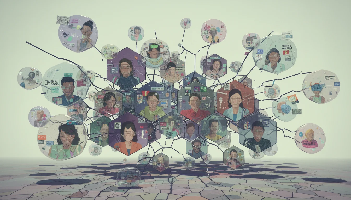 An abstract depiction of a fragmented public sphere, with diverse individuals surrounded by distorted and contradictory information bubbles. The scene should convey a sense of isolation and a lack of shared reality, illustrating how microtargeting breaks down common discourse. Use fractured lines and muted, disparate color palettes to emphasize division.