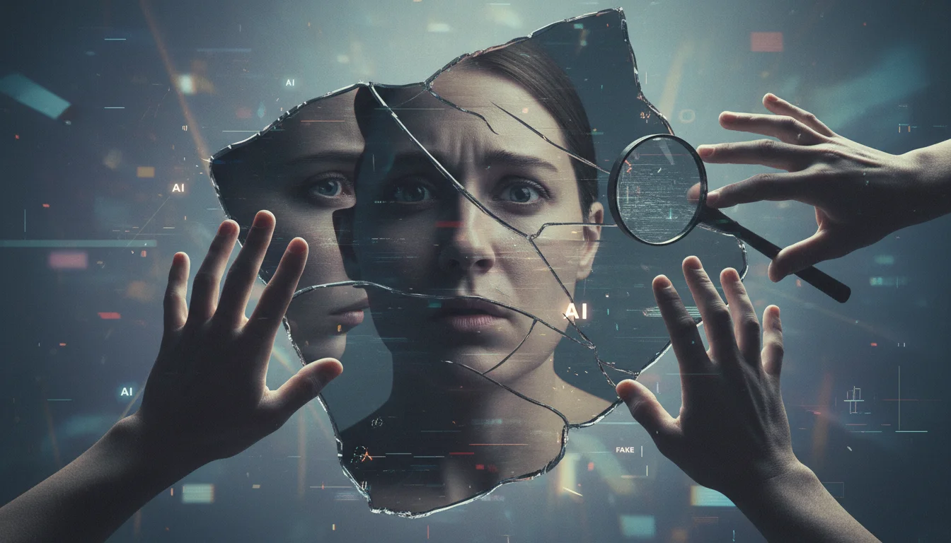 A symbolic image representing the 'Liar's Dividend' and the erosion of trust due to deepfakes and AI manipulation. Feature a fractured or melting mirror reflecting a distorted reality, with hands attempting to discern truth from fabrication. The background could show faint, digital deepfake artifacts, implying widespread digital deception. Use a somber or questioning tone in the visual.