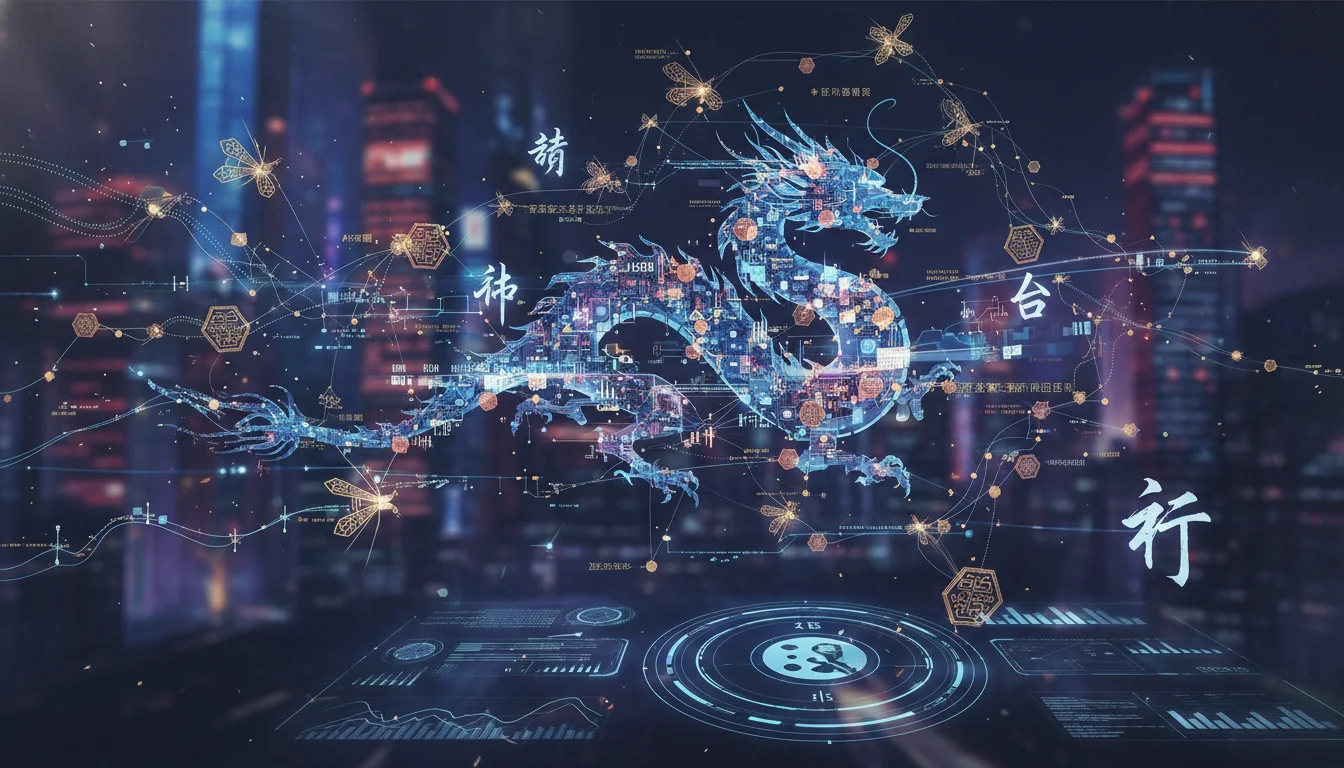 A dynamic and abstract digital illustration of an 'Agent Swarm' in AI. Visualize multiple interconnected, glowing nodes or entities working collaboratively on complex tasks. Show data flowing between them, representing communication, reasoning, and autonomous execution, possibly with a subtle Chinese technological aesthetic.