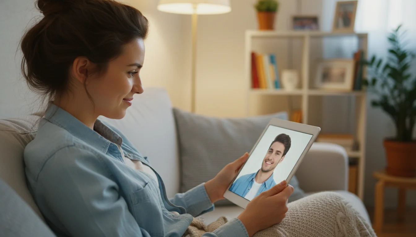 A voter, likely a millennial or Gen Z individual, looking genuinely engaged and connected to a political candidate displayed on a tablet or smartphone screen. The image should convey a sense of 'parasocial' intimacy, with soft, relatable expressions on both the voter and the candidate (on screen), implying a trusted, one-sided bond. The setting is a comfortable, modern home environment, emphasizing personal connection over formal politics. Soft, warm lighting.