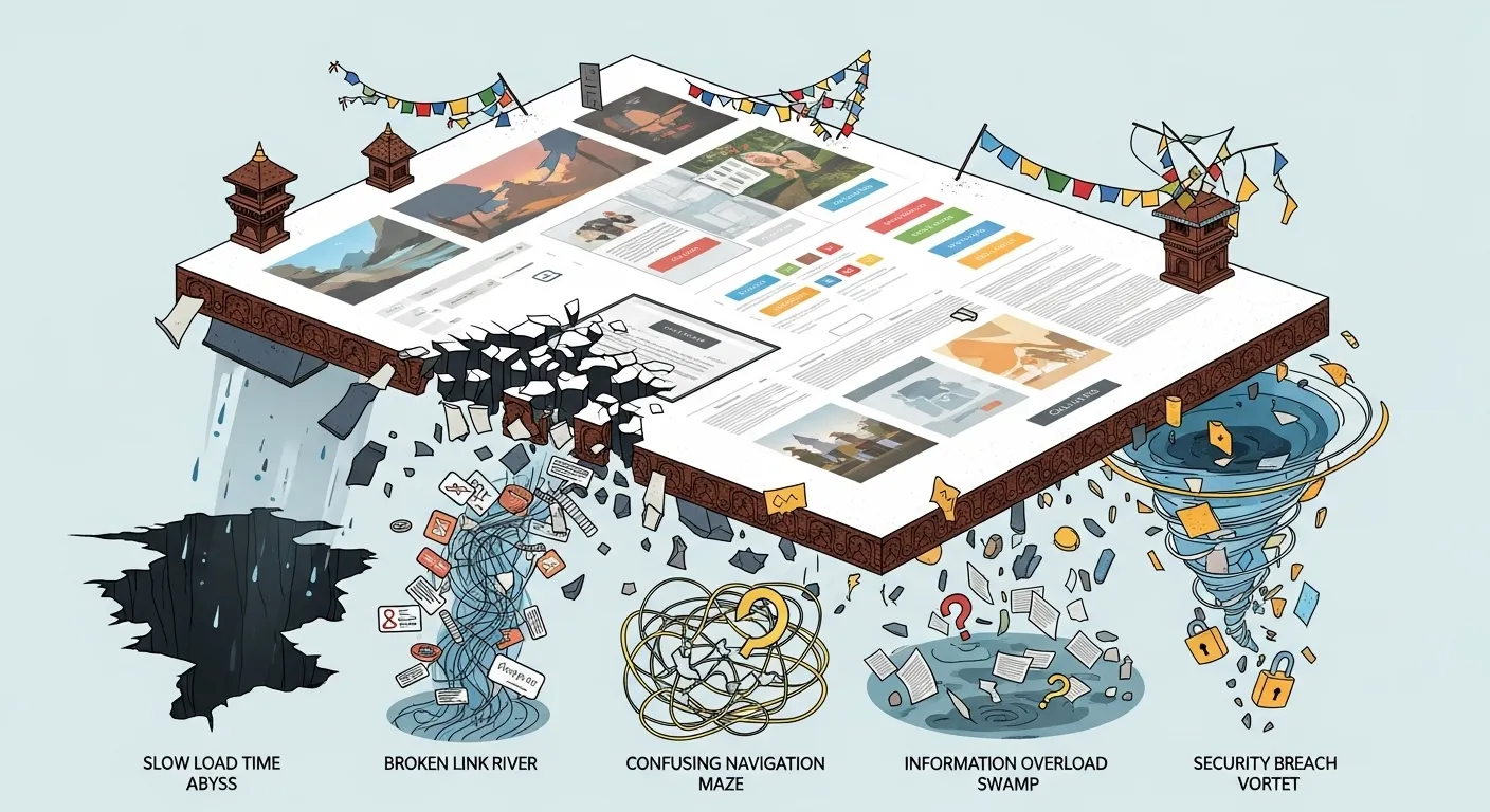 A cluttered and poorly designed digital landing page, adorned with subtle Nepali design elements, crumbling into a series of metaphorical pitfalls.