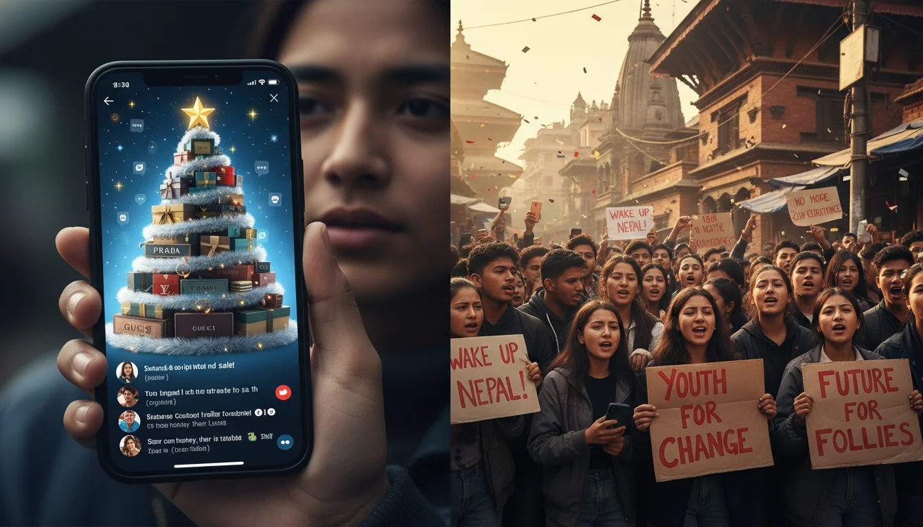 A dynamic image contrasting digital outrage with physical protest in Nepal. On one side, a highly stylized, luxurious 'Christmas tree' made of brand-name boxes, displayed on a smartphone screen, viral with critical comments and shared icons. On the other side, a spirited street protest by Nepalese youth, some holding signs, others smartphones, reflecting the transition from online indignation to real-world action. Emphasize the youth demographic and the sense of uprising.