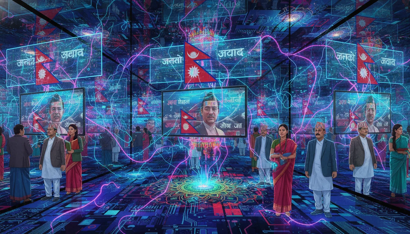 An abstract yet illustrative image representing AI's weaponization in Nepalese politics. Visualize a 'hall of mirrors' effect where digital screens display fragmented, manipulated political content. AI neural networks glow around figures representing politicians and voters, with subtle deepfake distortions on faces. The overall aesthetic should convey sophisticated algorithmic manipulation and the blurring of truth in the digital information ecosystem, incorporating subtle Nepalese cultural motifs.