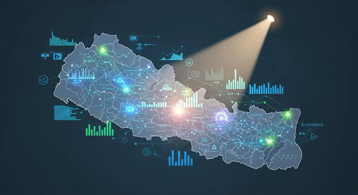 A vibrant digital map of Nepal, overlaid with glowing data visualizations representing diverse demographics, psychographics, and online behaviors, illuminated by a strategic marketing spotlight.