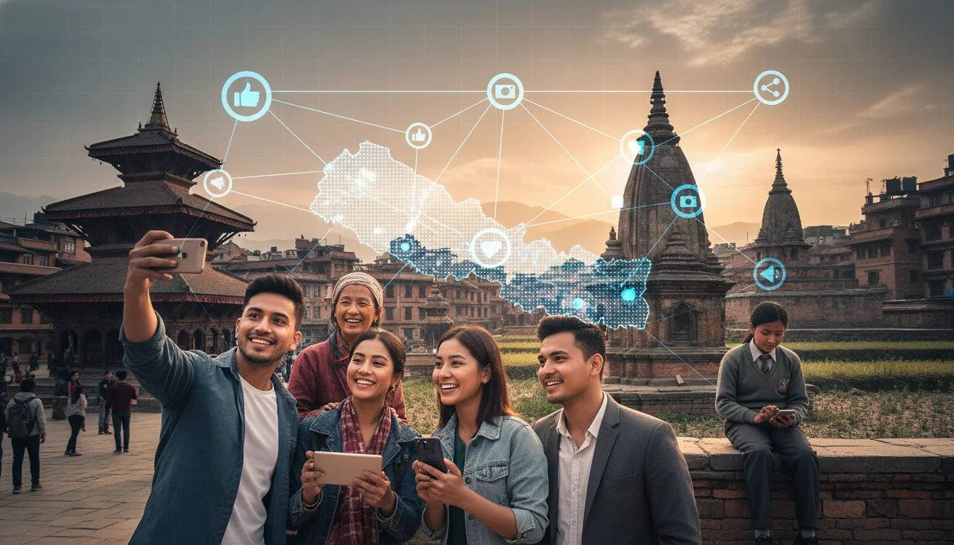 A vibrant image illustrating widespread digital connectivity and social media usage across Nepal. Show diverse Nepalese people (urban and rural, different age groups) using smartphones or tablets, engaging with social media. Overlay subtle digital network lines, social media icons, and perhaps a map of Nepal with glowing connections, blending with traditional Nepalese architecture or landscapes in the background, symbolizing the ubiquity of digital access.