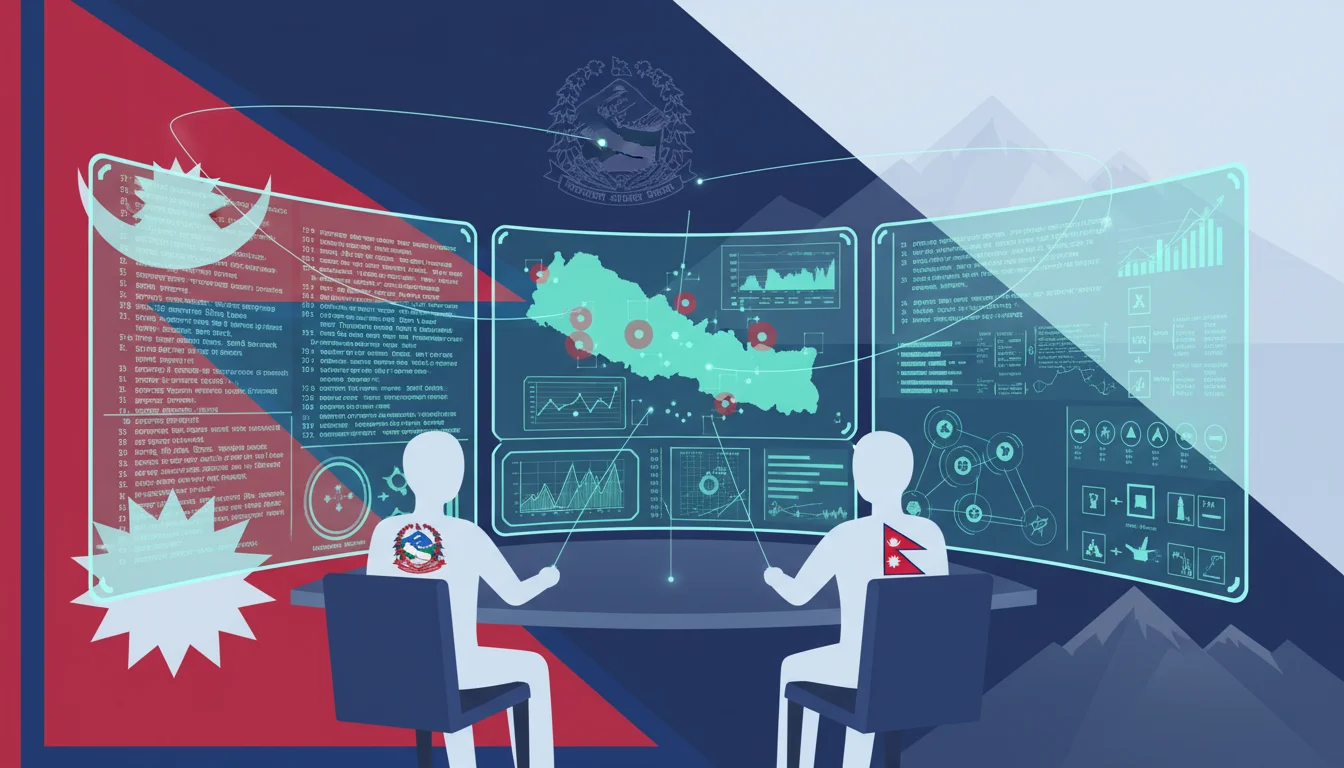 An image depicting digital surveillance and enforcement in the context of Nepali elections. Show abstract representations of the Election Commission of Nepal (ECN) and possibly figures symbolizing the Nepalese Army, meticulously monitoring digital screens displaying data streams, graphs, and social media feeds. The scene should convey a sense of meticulous oversight and scrutiny of online political activity, with a subtle hint of Nepal's national symbols or colors in the background.