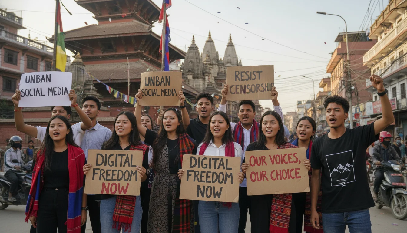 A vibrant, energetic image depicting young Nepalis engaged in a peaceful but determined protest, holding signs against social media bans and for digital freedom. The scene should show a diverse group of Gen Z individuals, reflecting determination and unity, possibly with subtle Nepali cultural elements, against an urban Kathmandu backdrop.