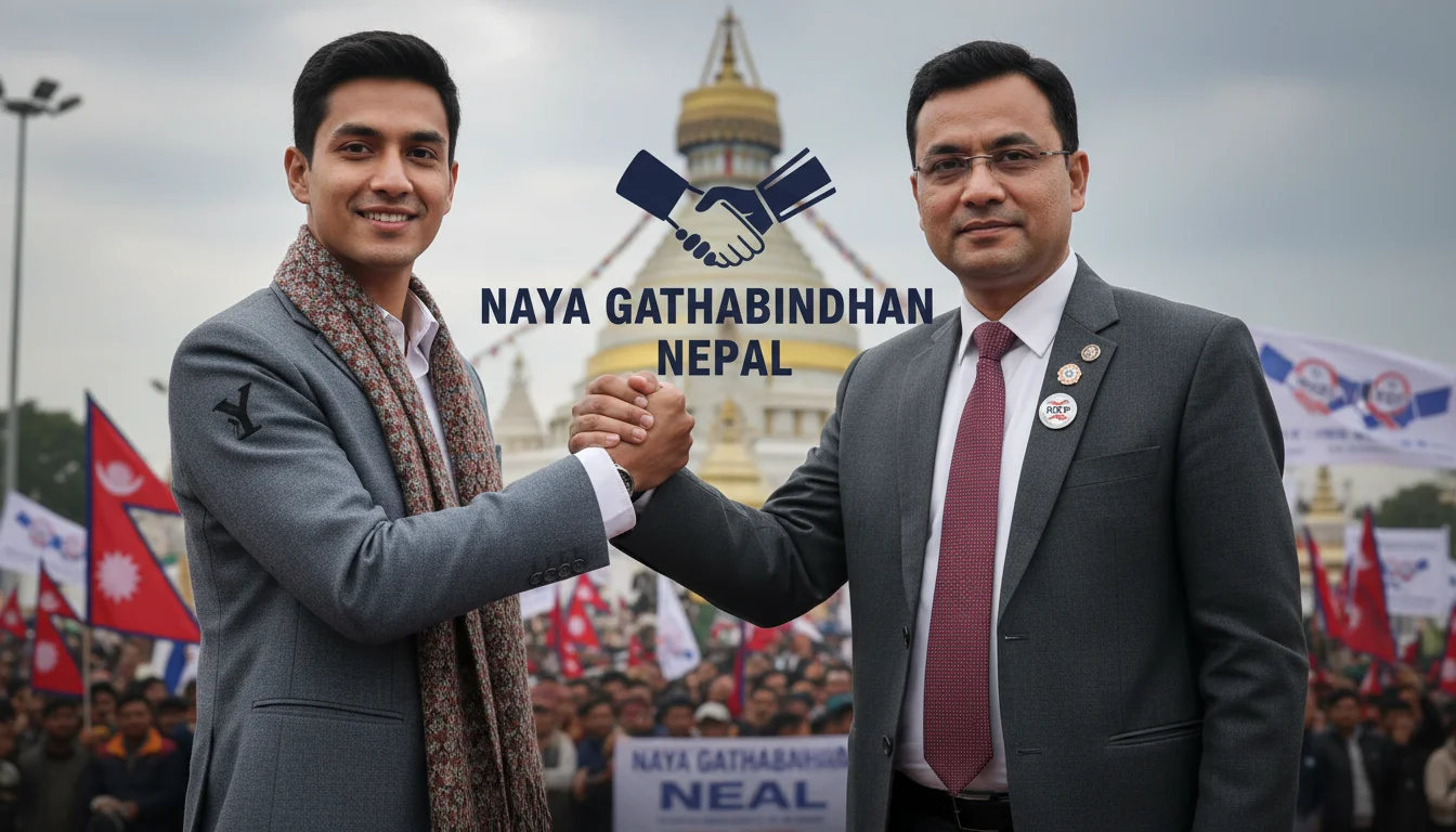 A powerful, symbolic image showing a handshake or a unified front between two charismatic, modern leaders: one representing youth appeal (like Balendra Shah) and another representing organized political structure (like Rabi Lamichhane of RSP). The background should subtly suggest Nepal or a political rally, conveying a sense of a new, formidable political alliance forming.