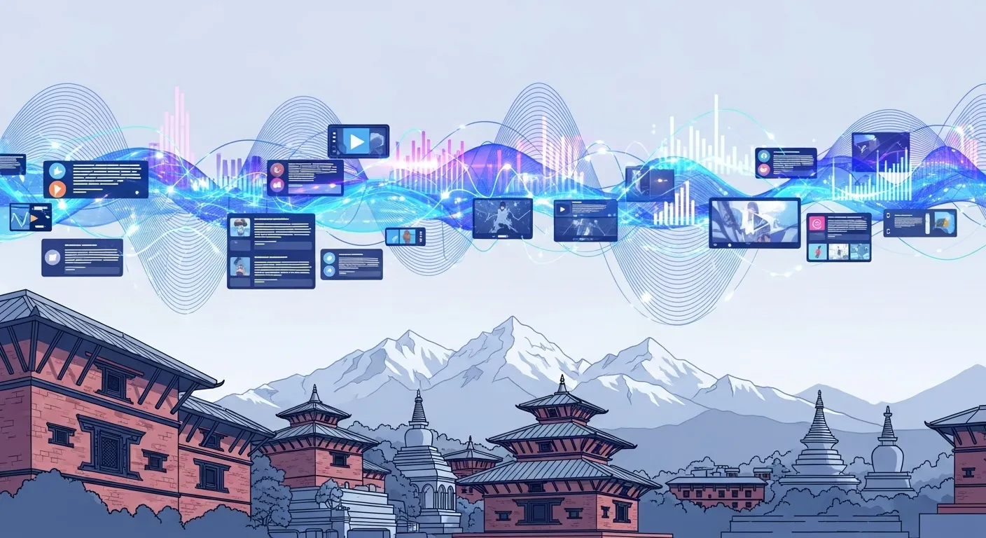 Vibrant digital wave with social media feeds, video clips, and data charts over a Nepali landscape, representing dynamic social media trends and digital marketing in Nepal.
