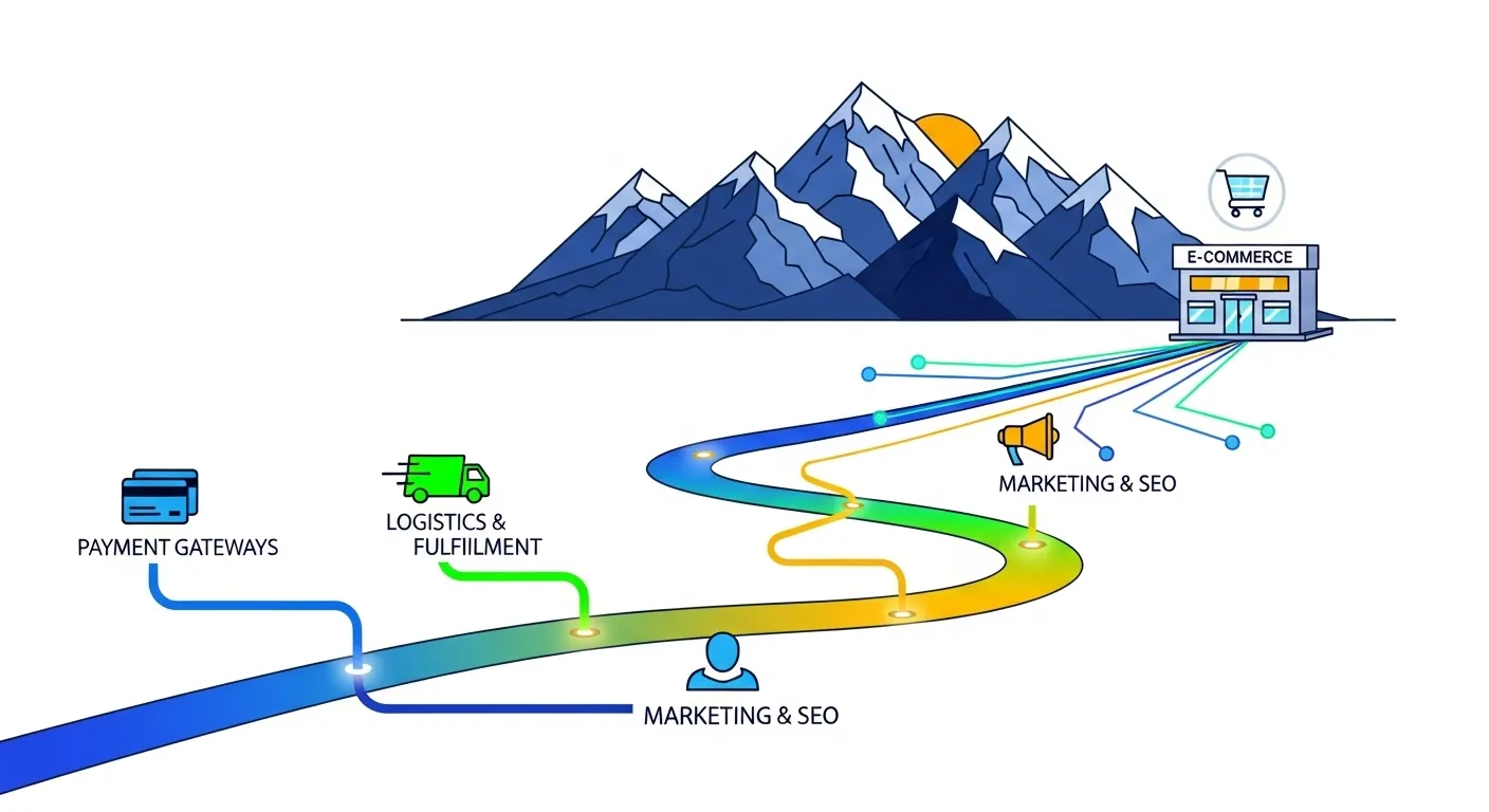 A vibrant digital roadmap leading to a thriving e-commerce store, intricately detailing payment, logistics, and marketing pathways, set against the iconic, stylized backdrop of the Nepali Himalayas.