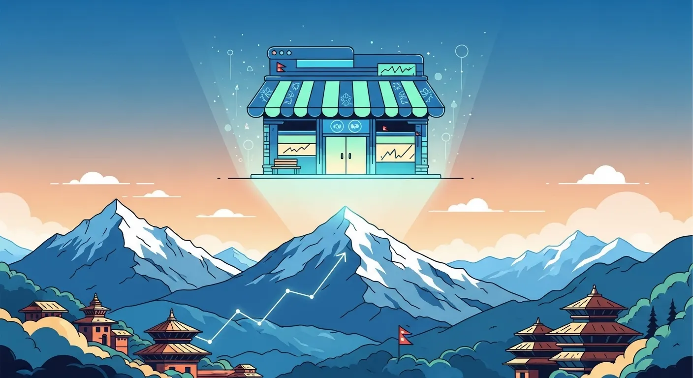 A vibrant digital storefront, glowing brightly and prominently positioned high above a stylized, mountainous landscape of Nepal, symbolizing local e-commerce SEO success.