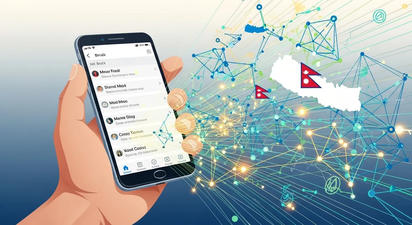 A stylized hand holds a smartphone displaying an email inbox, with digital network connections radiating, representing the mobile-first email habits and digital communication landscape of Nepal.