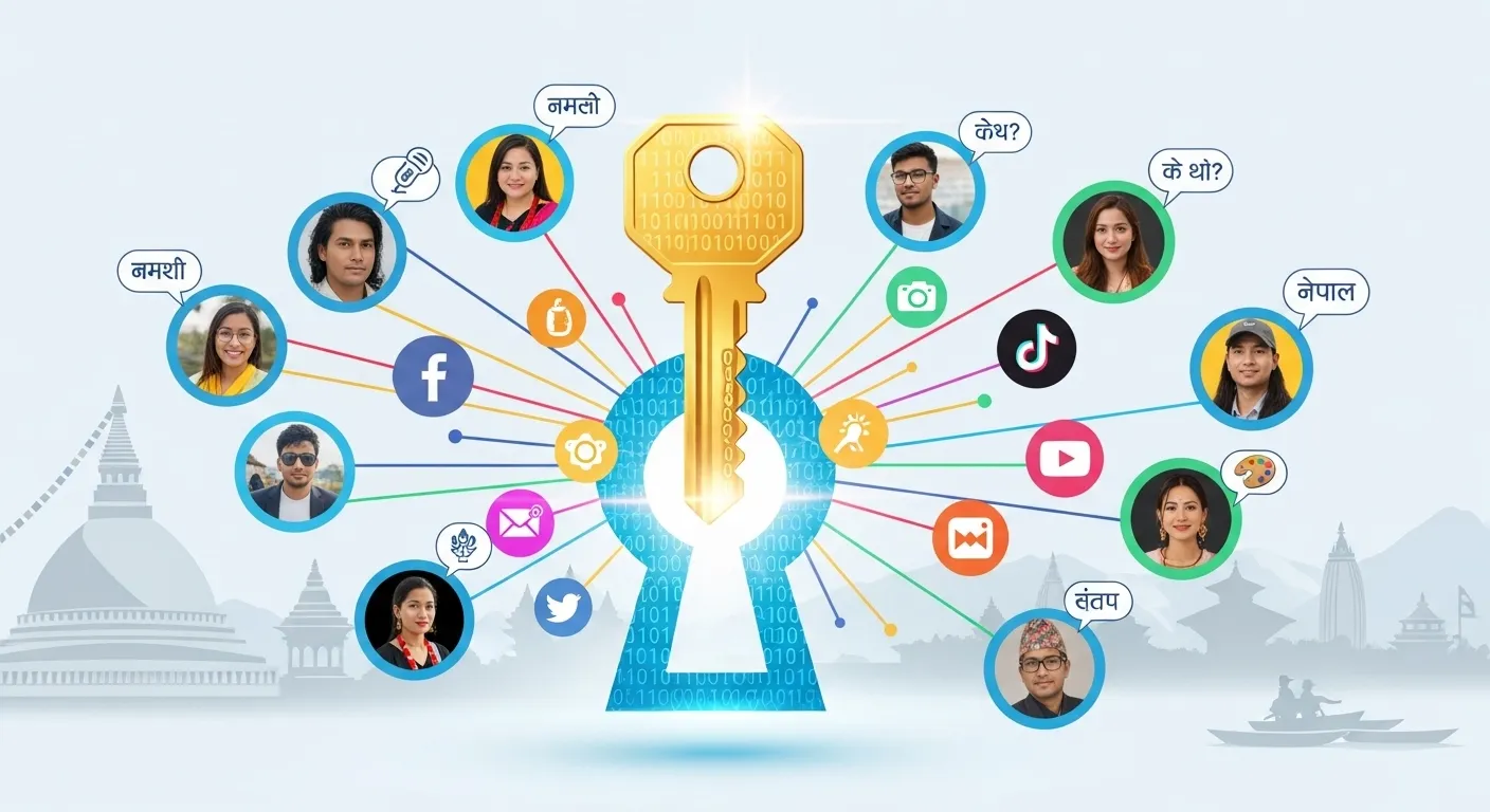 A stylized digital key unlocking a vibrant social media network, with diverse Nepali content creators' profiles and a subtle backdrop of modern Nepali landmarks, symbolizing the power of digital influence in Nepal.