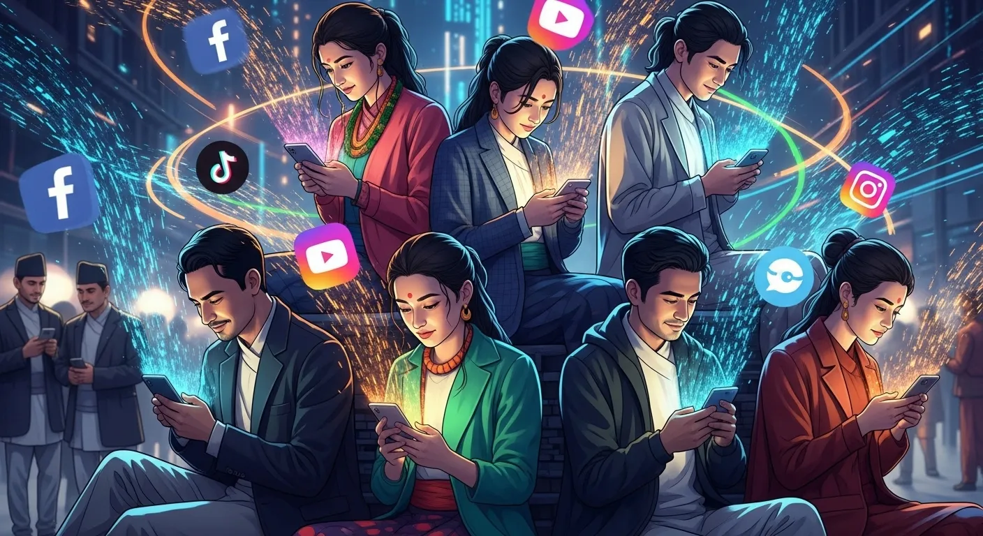 Vibrant digital data streams and social media icons swirl around diverse Nepali individuals, all engrossed in their smartphones, symbolizing the unique online behavior and mobile-first pulse of Nepal's digital landscape.