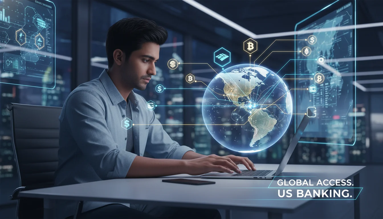 A sleek, modern image depicting a non-resident entrepreneur, possibly a person with diverse ethnicity, working remotely on a laptop, with digital lines connecting them to various financial symbols (bank logos, currency icons) across a digital world map. Focus on the concept of global, remote access to US banking. Digital art, tech-focused, global connections.