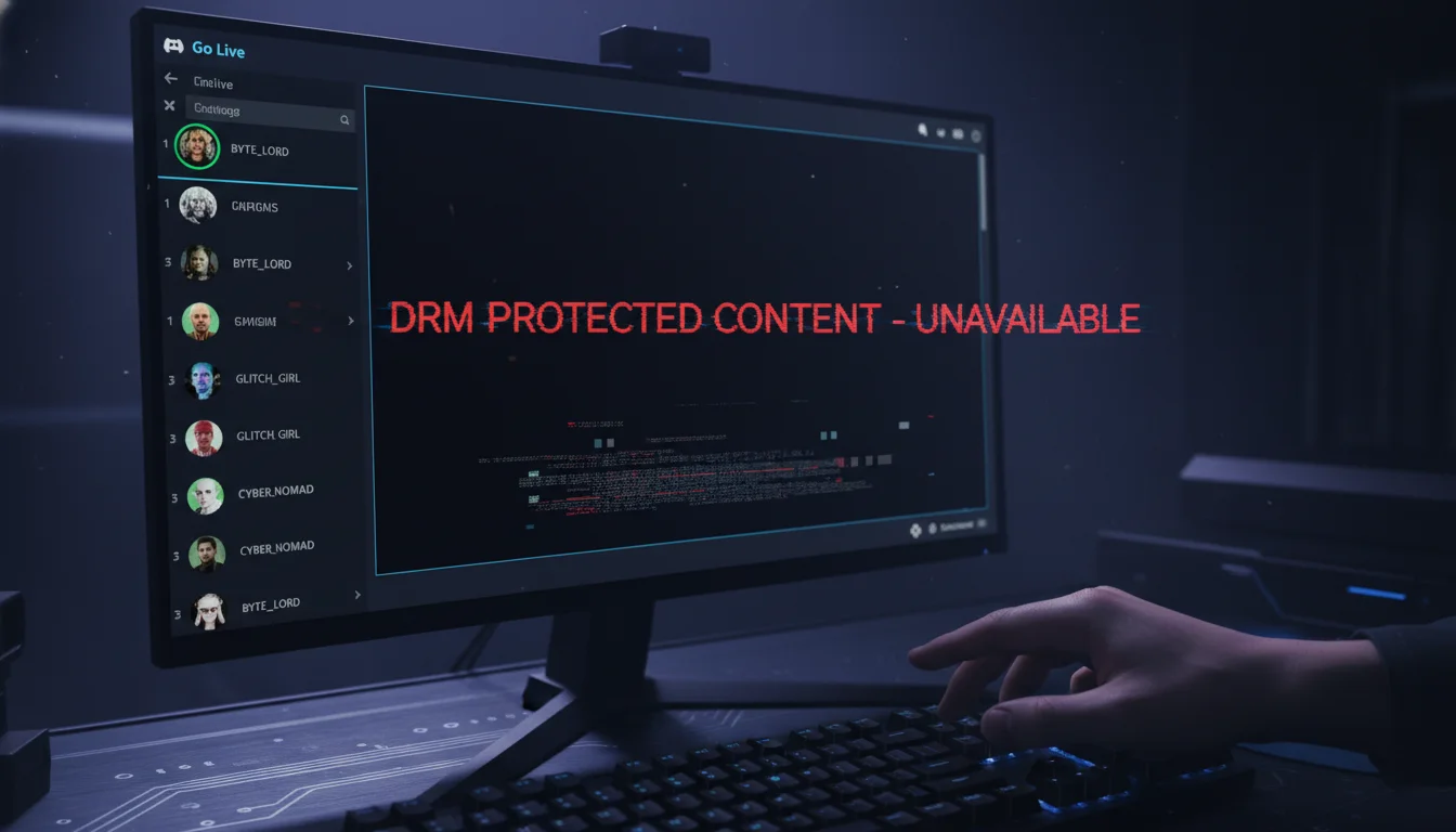 A user's desktop screen displaying Discord with a 'Go Live' stream active, showing friends' avatars in voice chat. The main content area of the stream is a black screen with an overlay indicating 'DRM Protected Content' or a subtle glitch effect, representing the challenge of digital rights management. A person's hand is subtly reaching for a keyboard, suggesting a technical workaround. Dark, techy atmosphere, focused on the screen and subtle defiance.