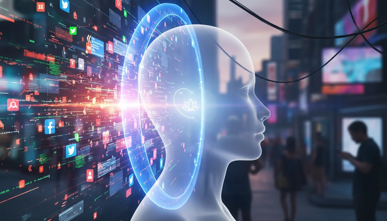 A person's head, represented subtly, with a glowing, protective 'digital firewall' effect around it, shielding from an onslaught of distracting digital notifications, social media icons, and information streams that are trying to penetrate. The firewall is sleek, modern, and effective, symbolizing Pratyahara and digital detox. The background can show a busy, tech-filled environment, while the inside of the firewall is calm and clear.