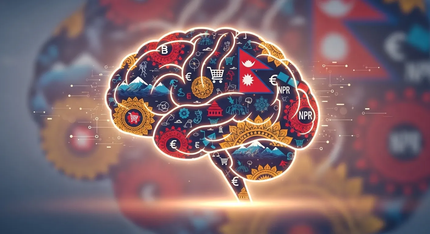 Glowing human brain with Nepali cultural motifs and digital commerce symbols, illustrating the psychology of online buyers and consumer behavior in Nepal.