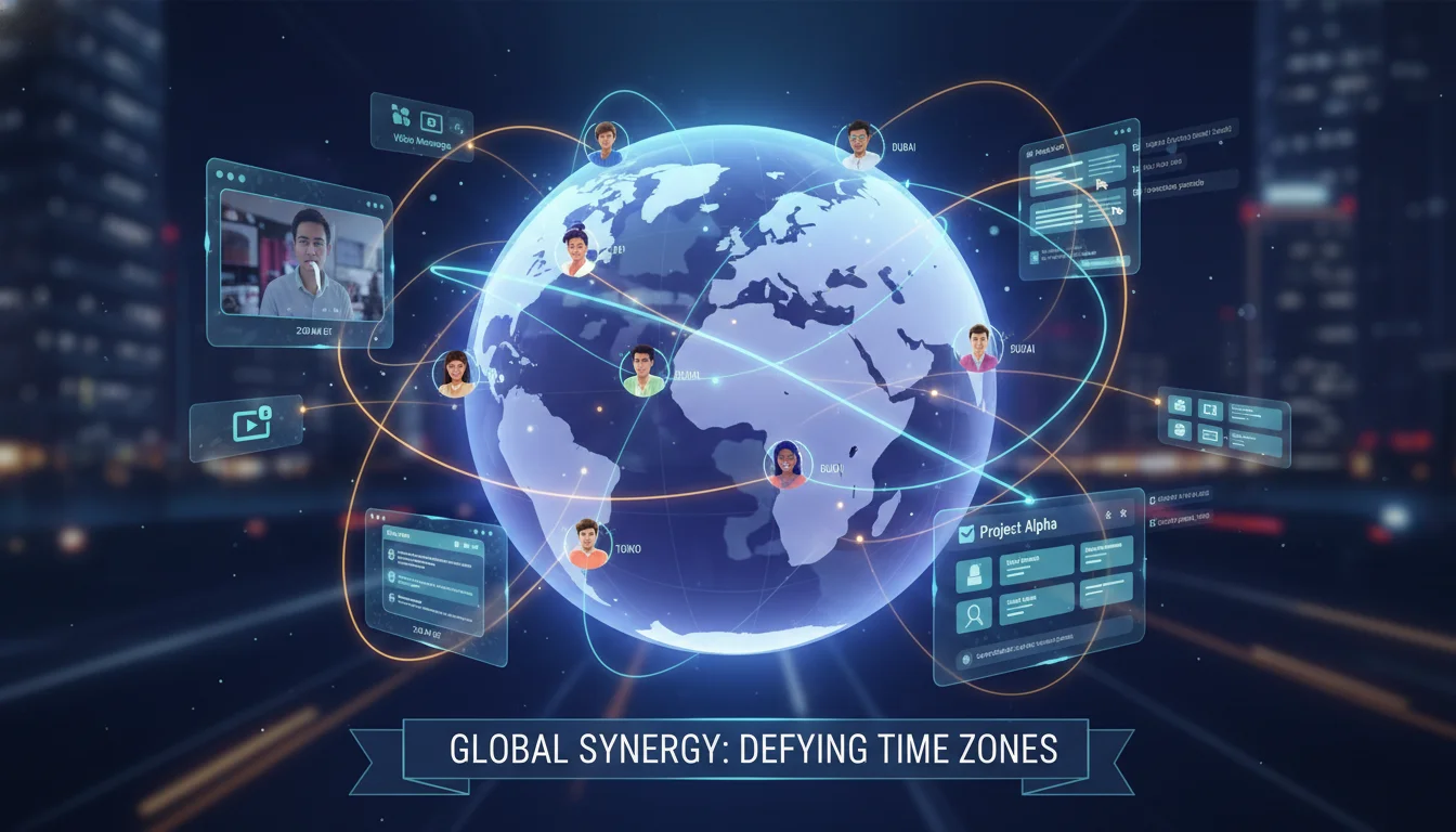 Conceptual illustration depicting a global team collaborating across different time zones, with glowing lines connecting team members in various cities. Show elements of asynchronous tools like video messages, shared documents, and project boards, overcoming time differences to achieve seamless workflow.