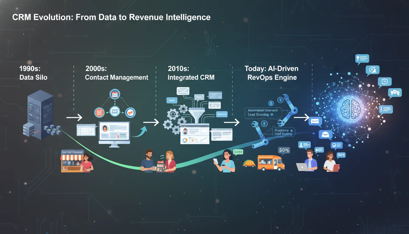 An illustrative image depicting the evolution of CRM software from simple data storage to an AI-driven revenue operations engine. Show a timeline or a visual metaphor with elements of data analytics, automation, lead scoring, and personalized communication, representing diverse small businesses benefiting from these advancements. The visual should convey a sense of progress and sophistication.
