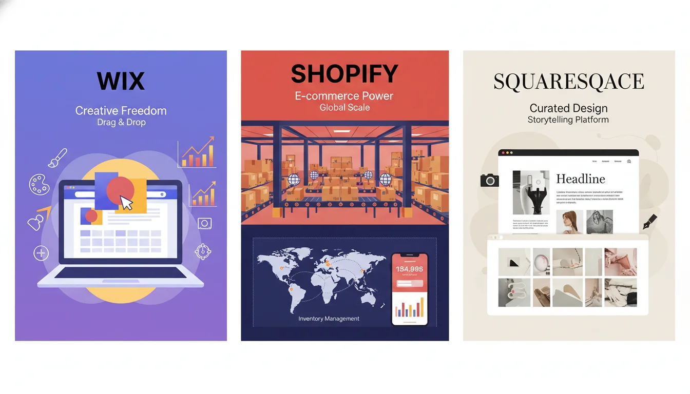 A triptych or three distinct, stylized panels side-by-side, each representing Wix, Shopify, and Squarespace. Wix panel: emphasizes creative design tools, marketing graphs, and a drag-and-drop interface. Shopify panel: highlights an expansive warehouse, shipping boxes, global trade routes, and inventory management. Squarespace panel: focuses on elegant typography, curated aesthetics, and sophisticated content presentation. All in a modern, clean, digital illustration style.