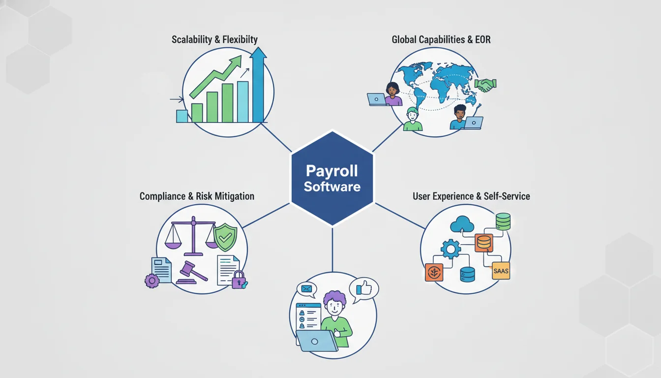 A sleek infographic illustration showing a central 'Payroll Software' hub connected to various critical evaluation criteria: 'Scalability & Flexibility' with growing bar charts, 'Global Capabilities & EOR' with a world map and diverse remote workers, 'Compliance & Risk Mitigation' with legal symbols and shields, 'Integration Ecosystem' with interconnected application icons, and 'User Experience & Self-Service' with a happy employee using a clean interface. The style should be professional and modern.