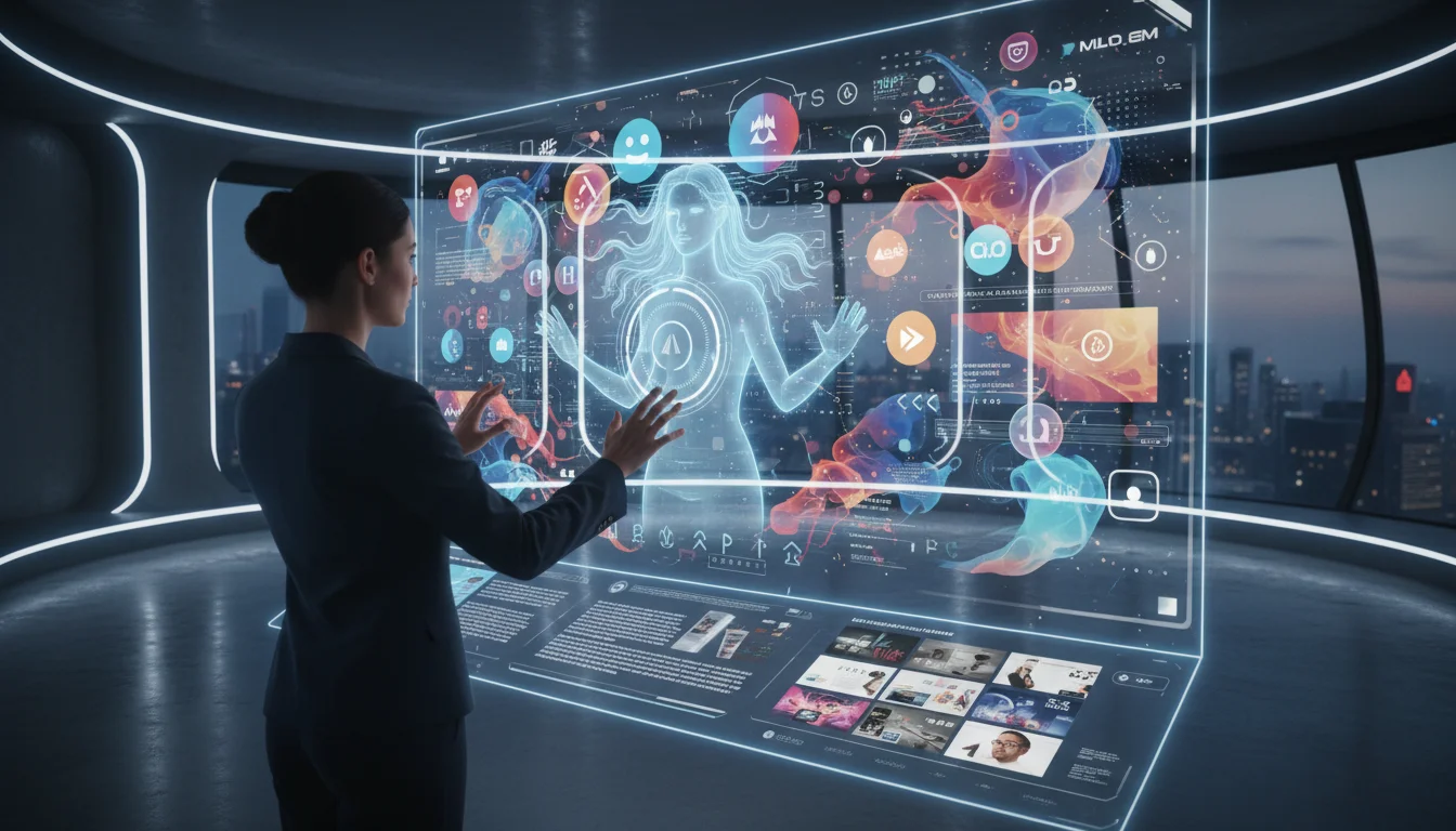 Futuristic scene illustrating the concept of 'Vibe Coding' in marketing. A human creative director or marketer, with a thoughtful expression, interacts with a sophisticated AI interface displaying a kaleidoscope of emotional data, cultural trends, and brand aesthetics. The AI, represented by luminous data streams or a subtle digital avatar, seamlessly generates diverse marketing assets like copy, visuals, and campaign ideas, based on the human's high-level 'vibe' parameters. Clean lines, glowing elements, and a sense of collaborative intelligence. Modern, high-tech aesthetic.