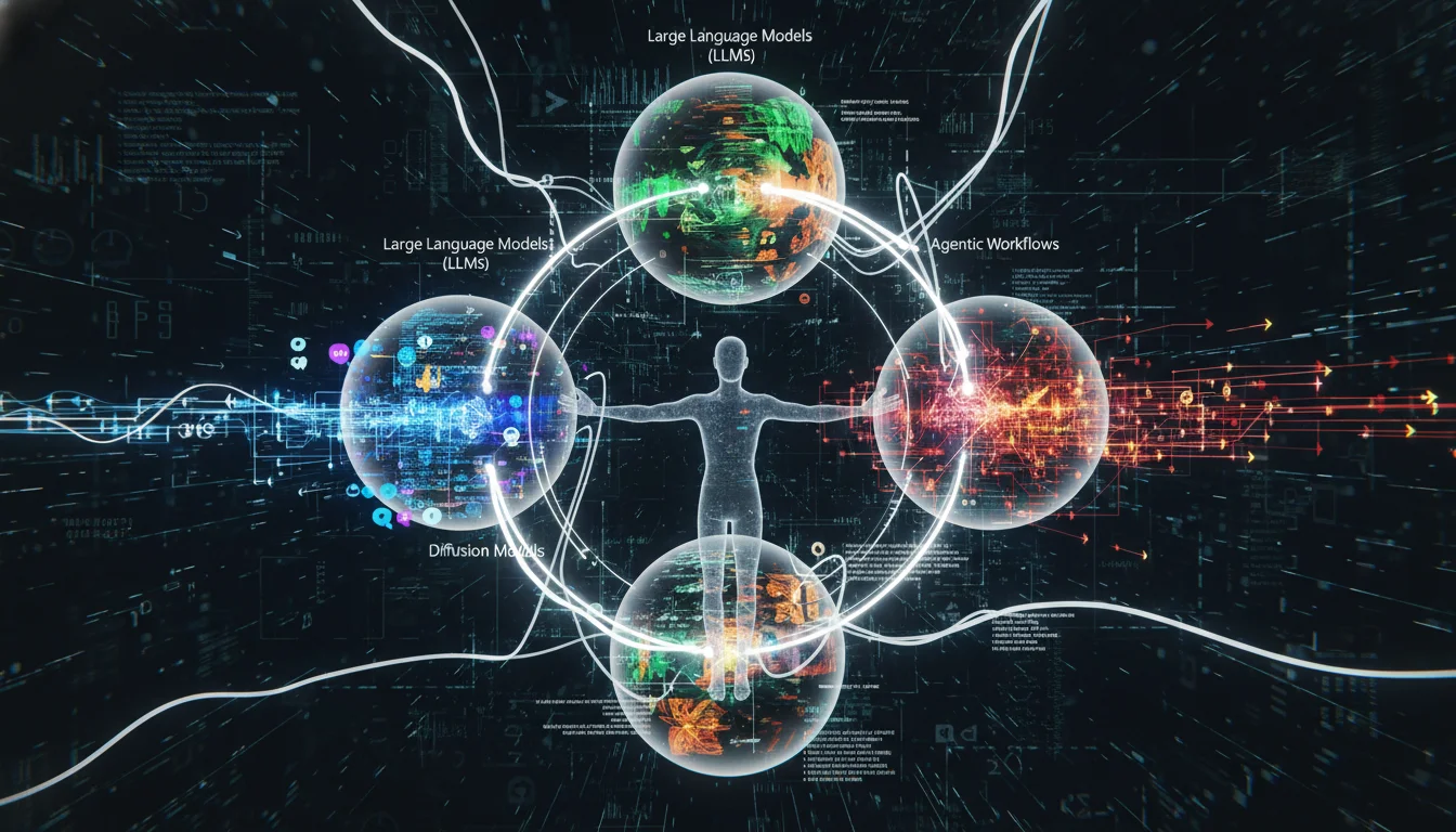 A dynamic visual representation of the 'Vibe Stack' in action for 2026. Different AI components are depicted as interconnected nodes or layers: one node for Large Language Models (LLMs) processing text and tone with flowing words, another for Diffusion Models generating intricate visuals with evolving images, and a third illustrating 'agentic workflows' as a network of automated processes. Data streams flow between these components and a central 'human' orchestrator, symbolizing the AI-human symbiosis in content creation. The overall aesthetic is highly technical, abstract, and energetic, with bright digital light trails.