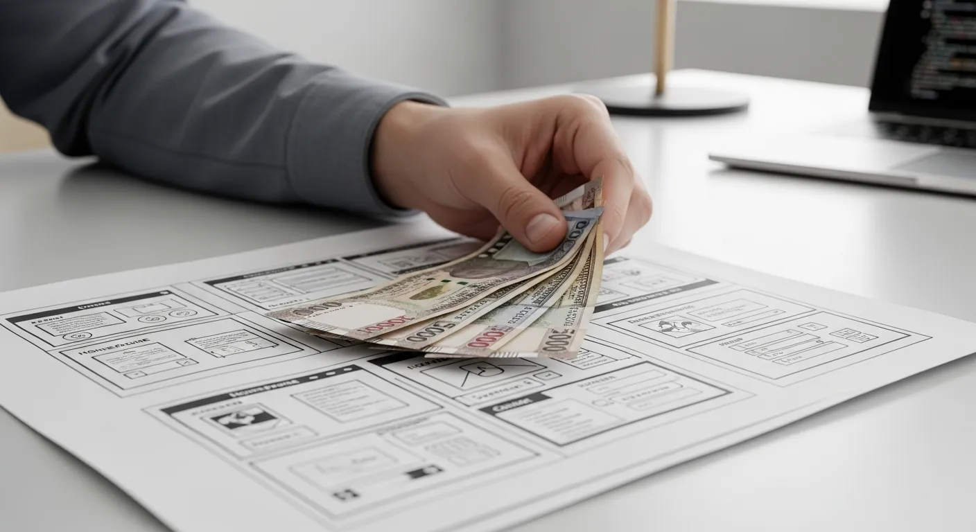 Hand placing Nepalese currency on a website blueprint, symbolizing budgeting and investment in web development costs in Nepal.