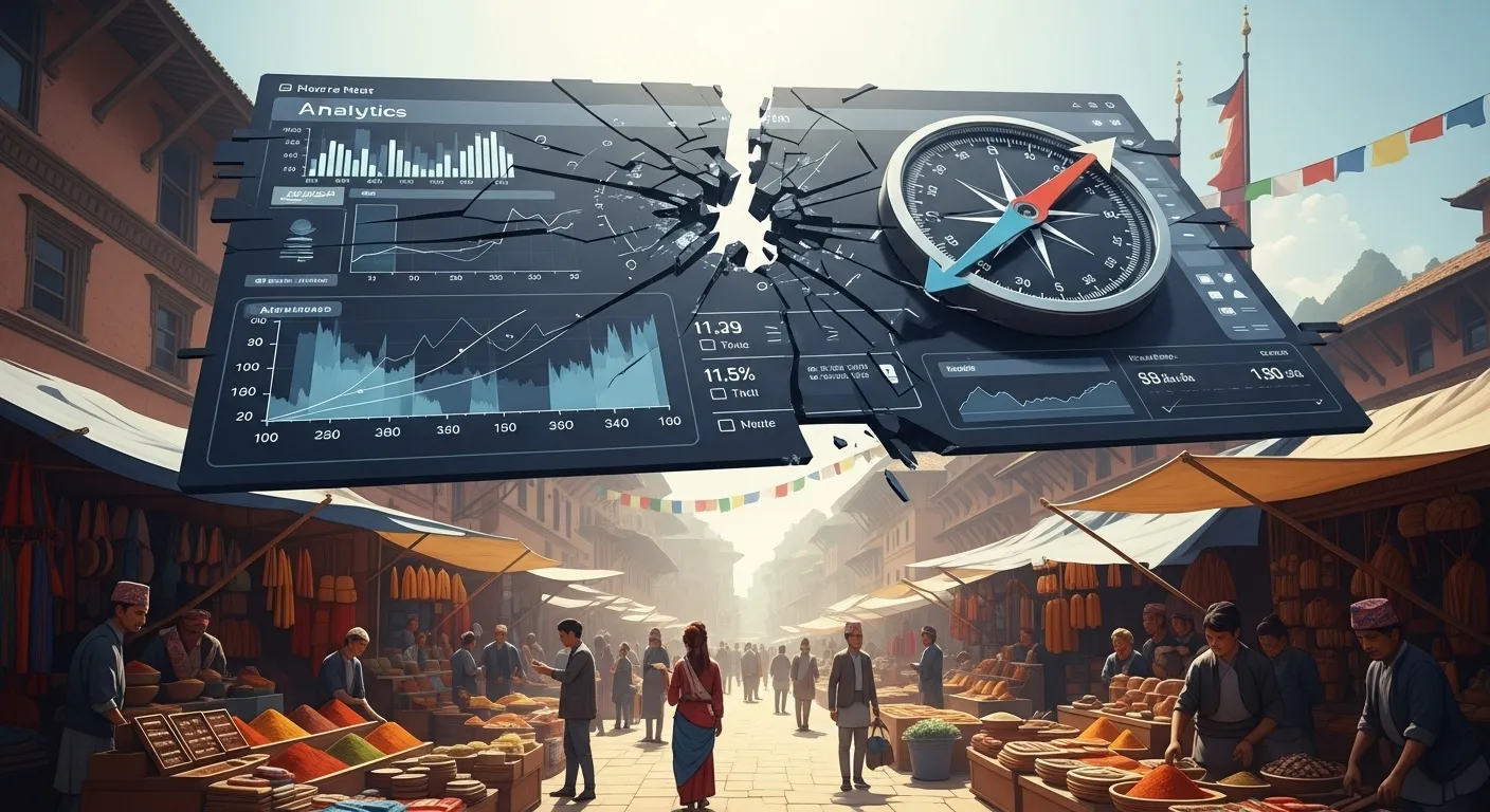 A distorted and fragmented digital analytics dashboard, resembling a broken compass, hovers over a bustling, traditional Nepalese market, symbolizing misleading digital marketing insights.