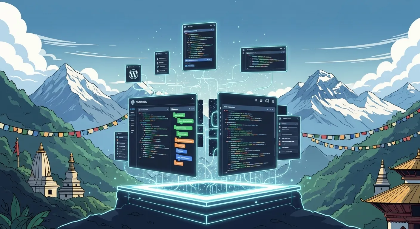Glowing WordPress interface elements and code blocks constructing a digital foundation in a Nepalese landscape, symbolizing online growth with WordPress in Nepal.