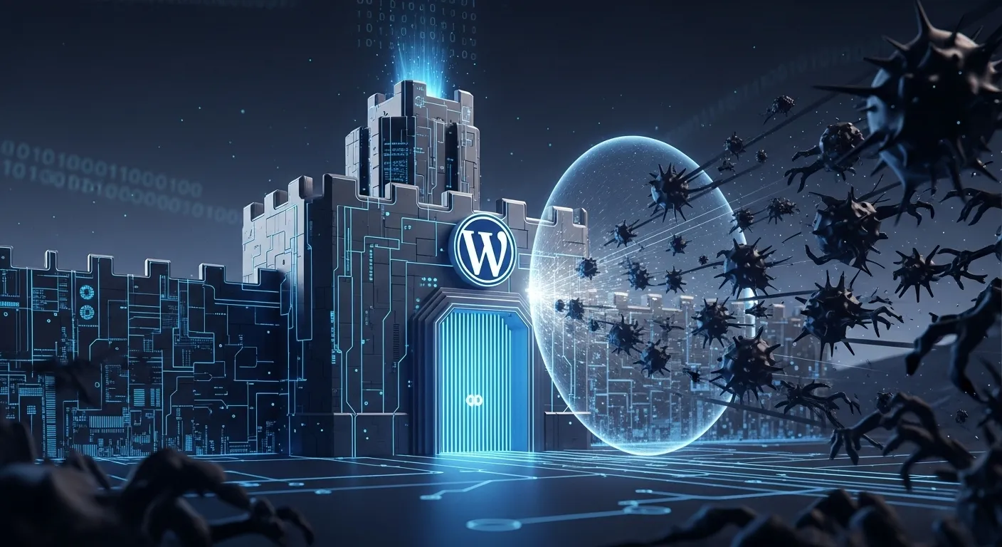 Digital fortress with the WordPress logo, standing strong against cyber threats and malware, symbolizing WordPress security in Nepal.
