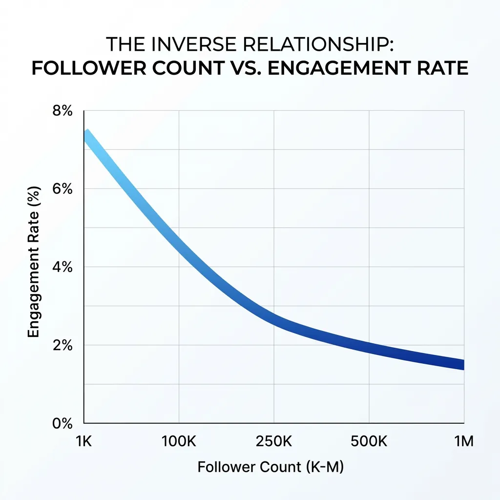 A graph showing that as follower count increases, engagement rate tends to decrease.