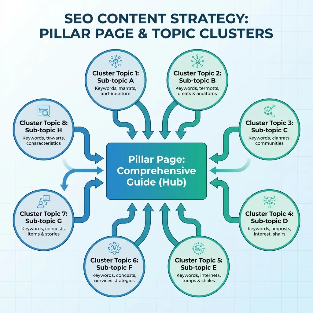 Diagram of a pillar page and topic clusters