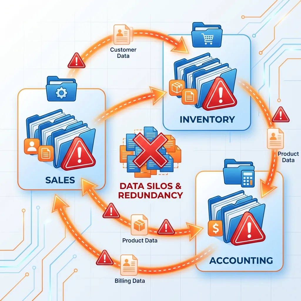 Diagram showing separate data files for different departments, leading to redundancy and inconsistency.